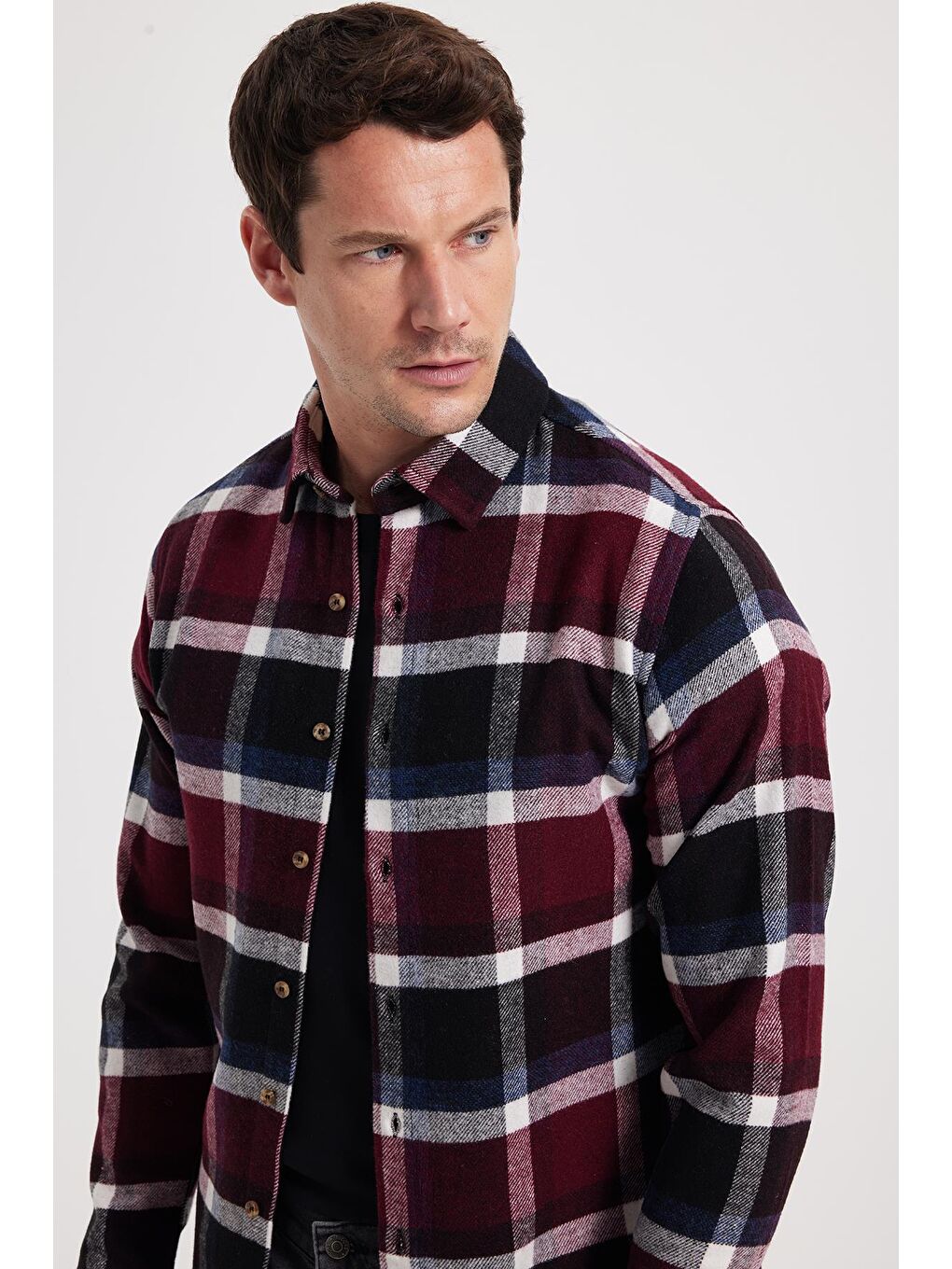 Bordo Erkek Slim Fit Dar Kesim Kareli Kışlık Oduncu Gömlek-2