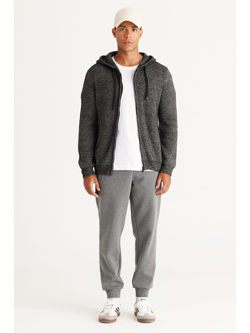 Erkek Antrasit-Melanj Standart Fit Normal Kesim Kapüşonlu Pamuklu Triko Hırka-1