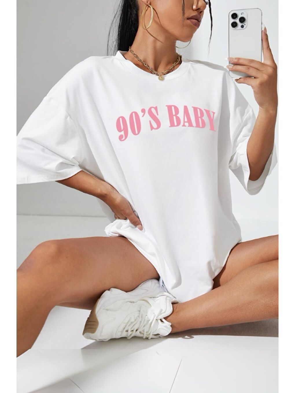 Beyaz 90'S Baby Ön Baskılı Bisiklet Yaka Kadın Oversize Tshirt