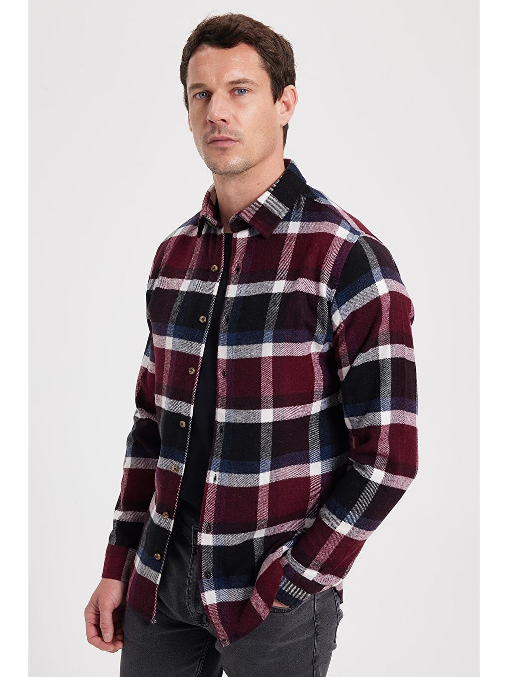Bordo Erkek Slim Fit Dar Kesim Kareli Kışlık Oduncu Gömlek-5