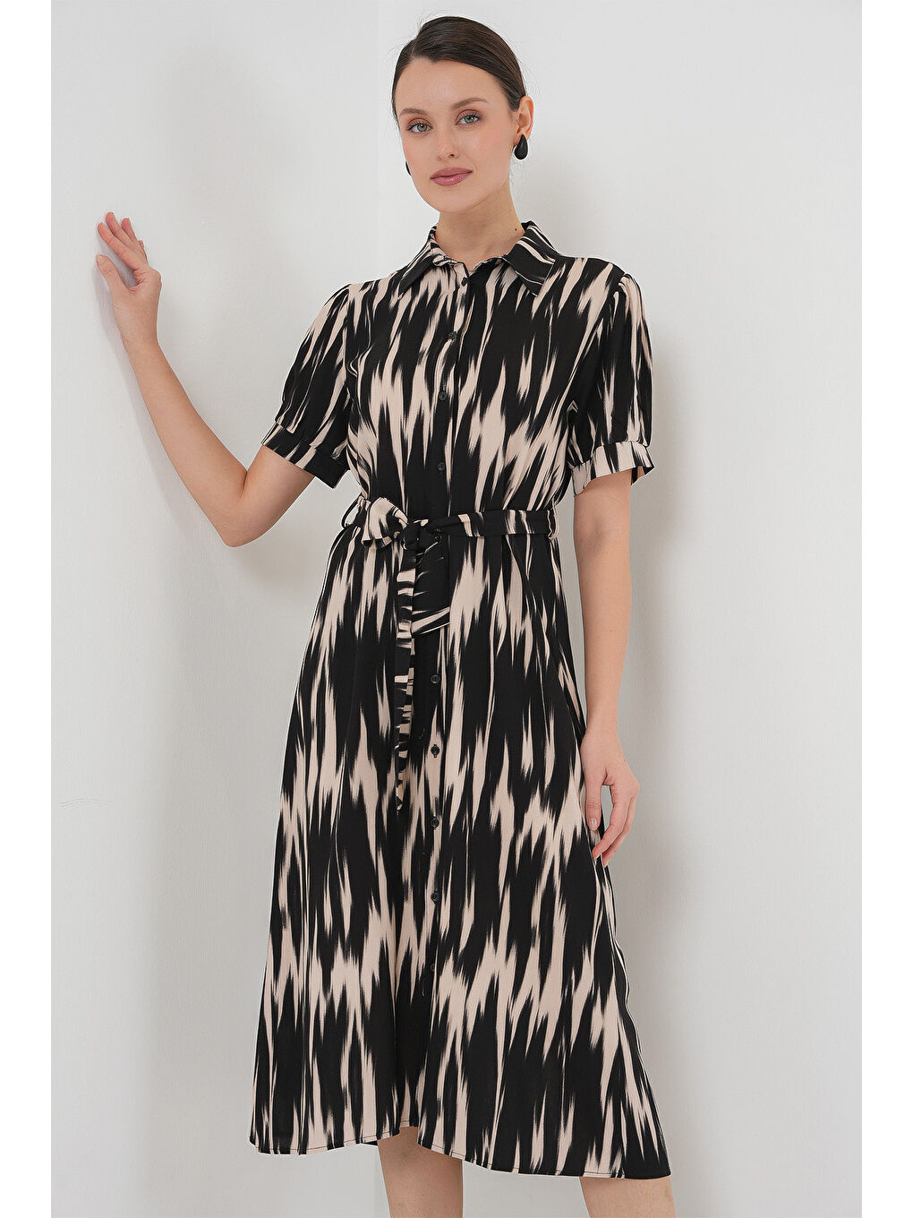 Desenli Kısa Kol Elbise 2532 - Siyah