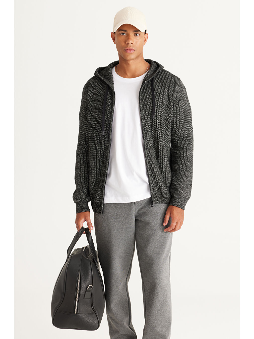 Erkek Antrasit-Melanj Standart Fit Normal Kesim Kapüşonlu Pamuklu Triko Hırka-3