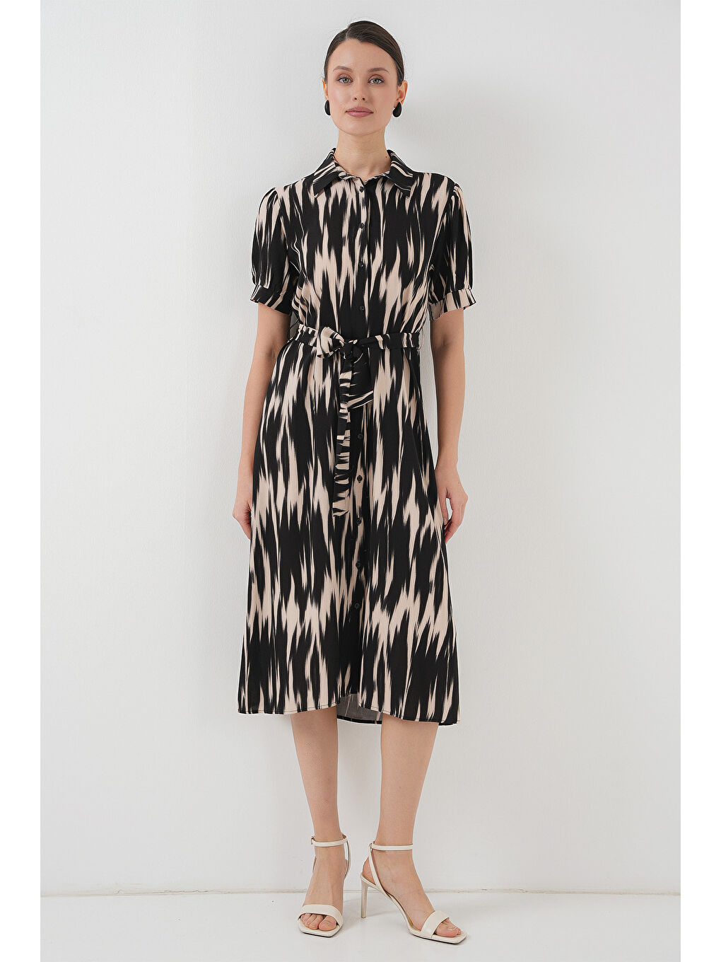 Desenli Kısa Kol Elbise 2532 - Siyah-2