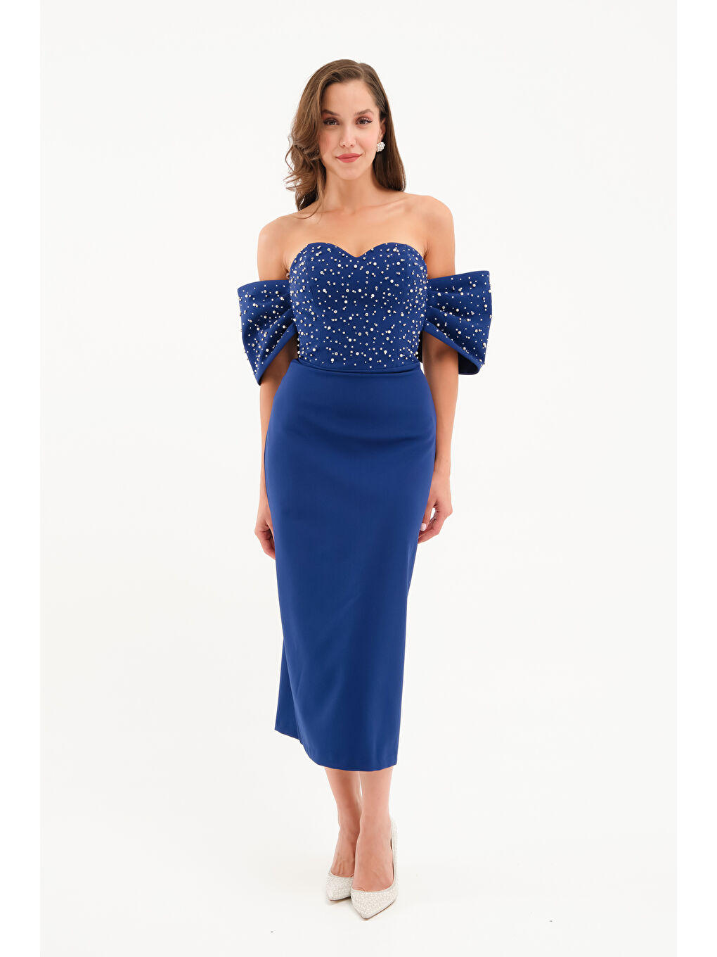 Kadın Lacivert Straplez Yaka Kol Detay Midi Abiye Elbise
