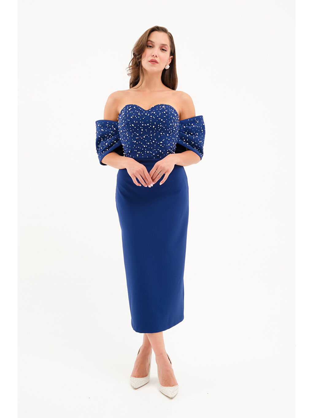 Kadın Lacivert Straplez Yaka Kol Detay Midi Abiye Elbise-1
