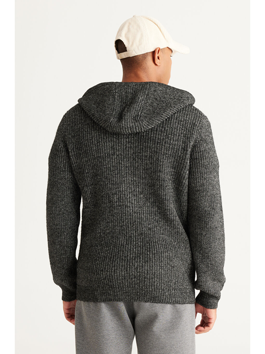 Erkek Antrasit-Melanj Standart Fit Normal Kesim Kapüşonlu Pamuklu Triko Hırka-4