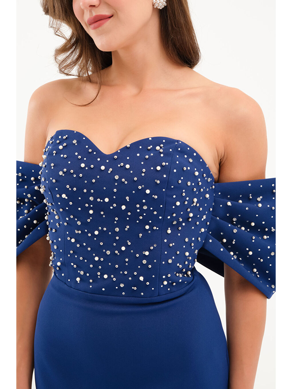 Kadın Lacivert Straplez Yaka Kol Detay Midi Abiye Elbise-2