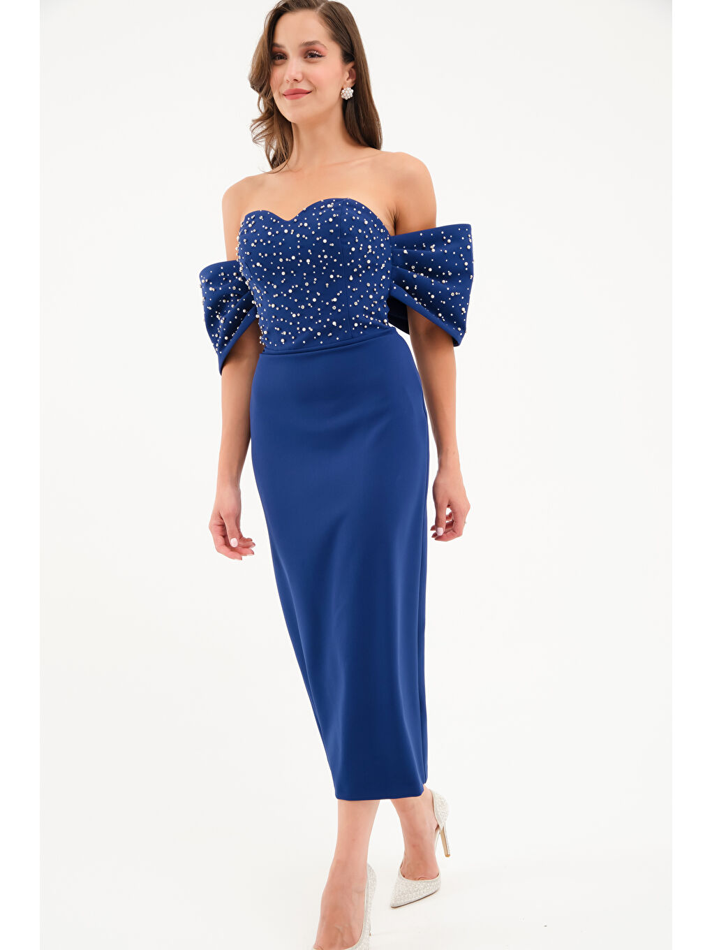 Kadın Lacivert Straplez Yaka Kol Detay Midi Abiye Elbise-3