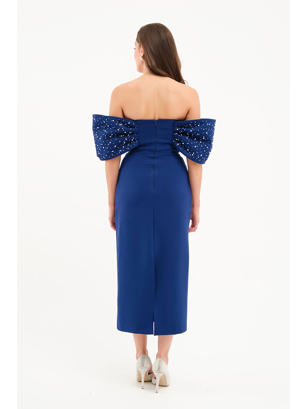 Kadın Lacivert Straplez Yaka Kol Detay Midi Abiye Elbise-4