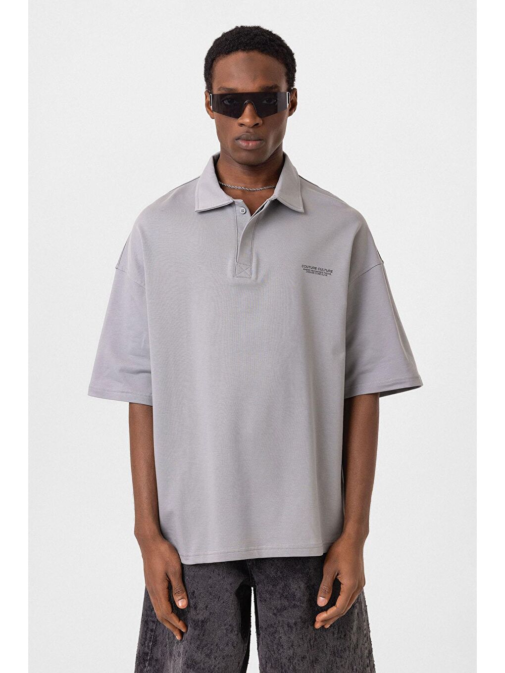 Polo Yaka Oversize Tişört Gri-2