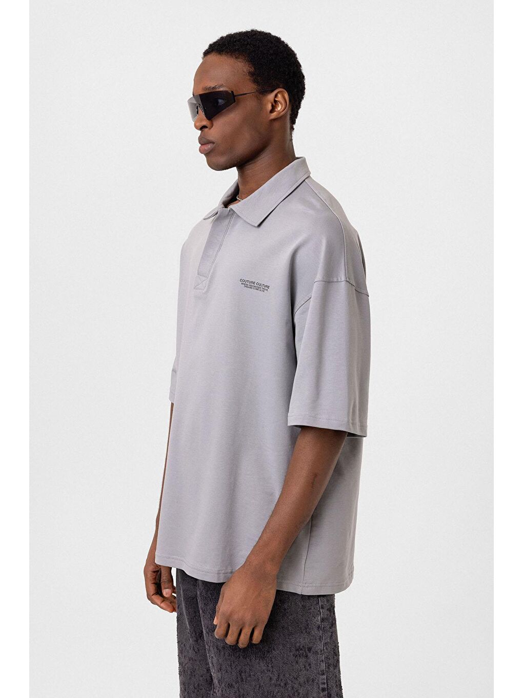 Polo Yaka Oversize Tişört Gri-3