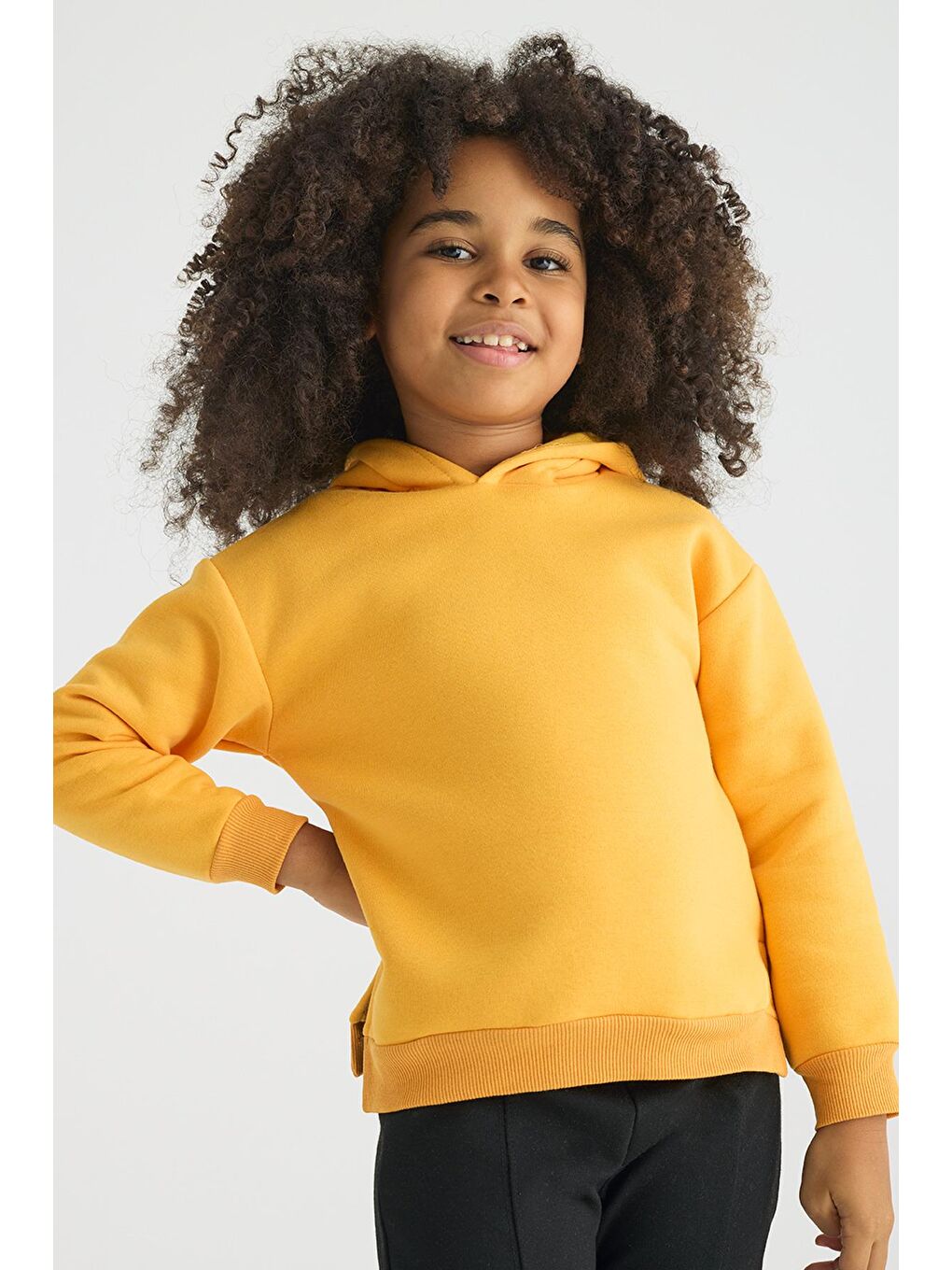 Sarı Kapüşonlu Uzun Kol Hardal Renk Kız Çocuk Sweatshirt