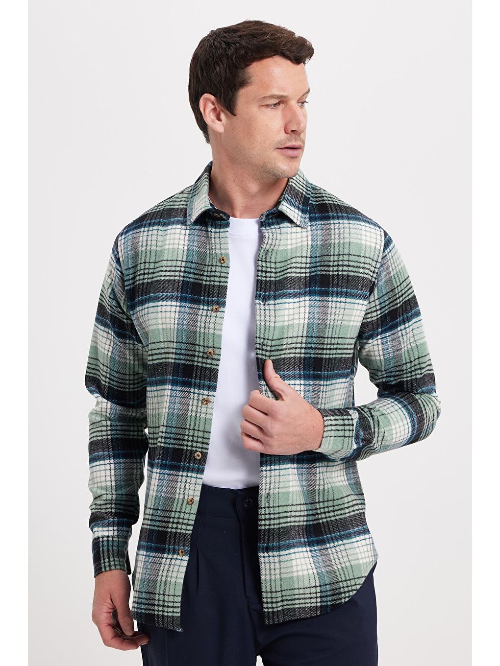 Yeşil Erkek Slim Fit Dar Kesim Kareli Kışlık Oduncu Gömlek-2