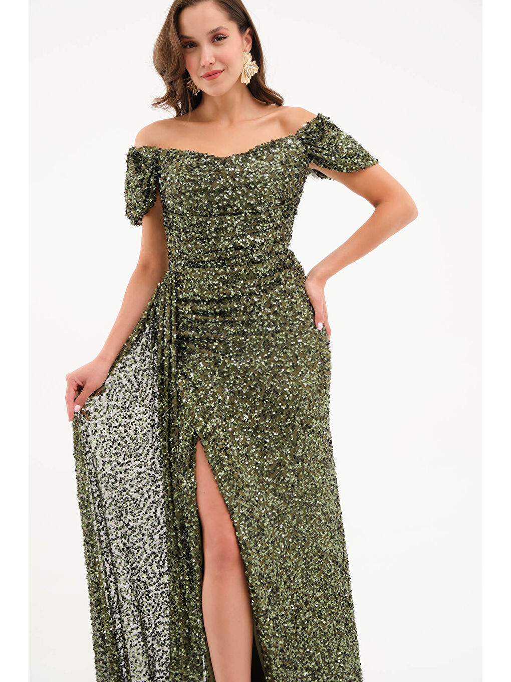 Kadın Haki Pul Payet İşlemeli Uzun Abiye Elbise-1