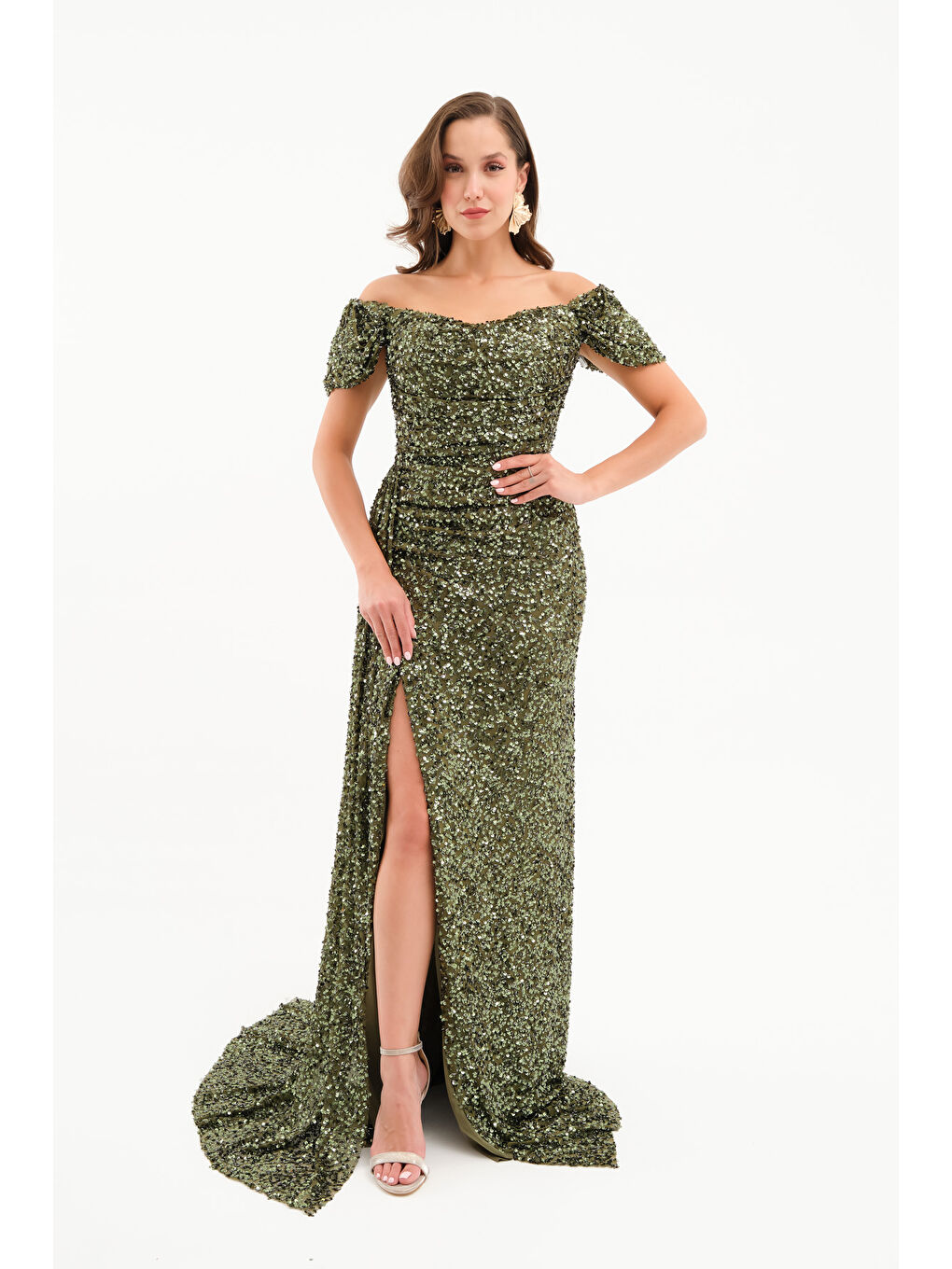 Kadın Haki Pul Payet İşlemeli Uzun Abiye Elbise-2