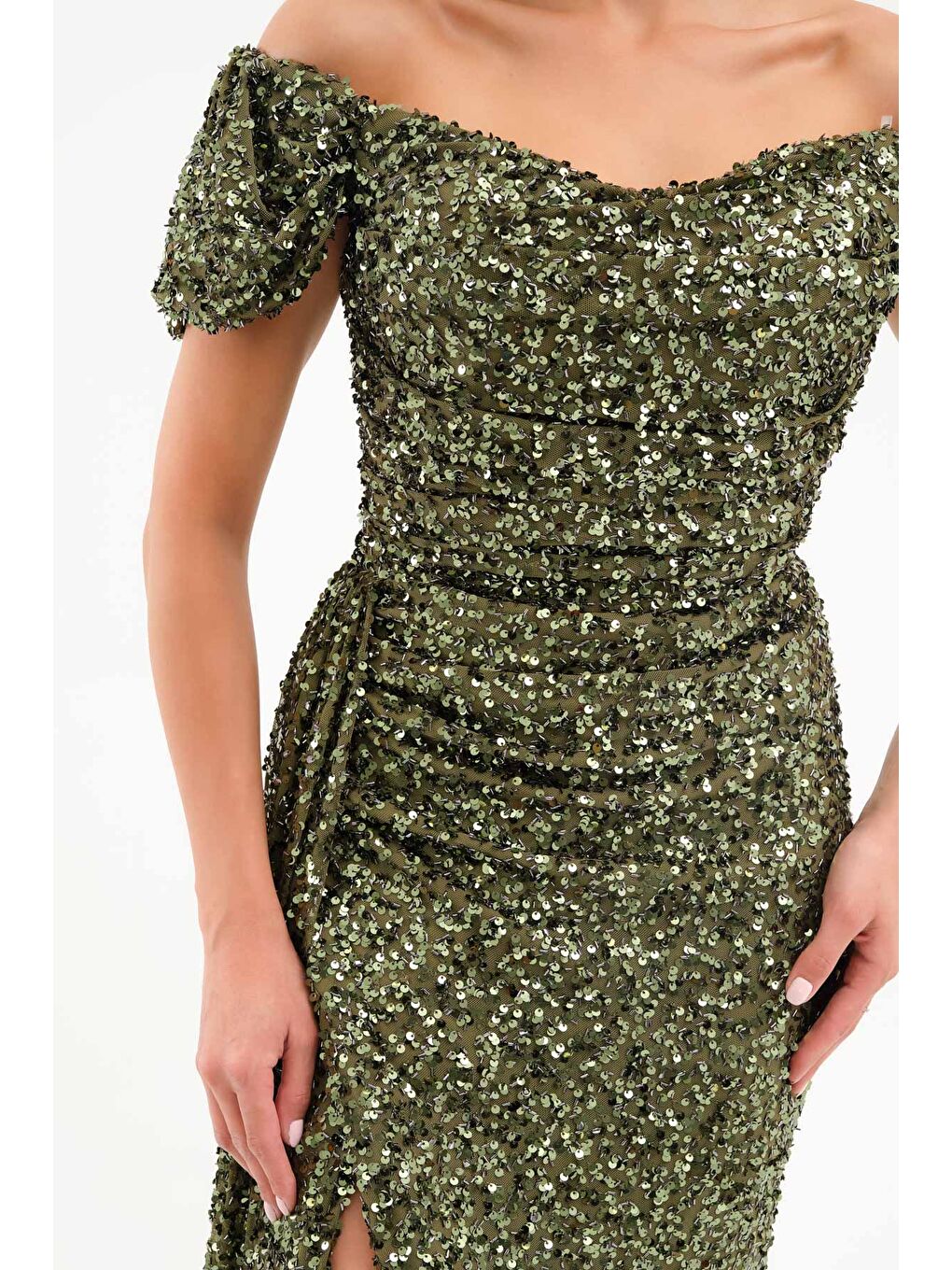 Kadın Haki Pul Payet İşlemeli Uzun Abiye Elbise-3