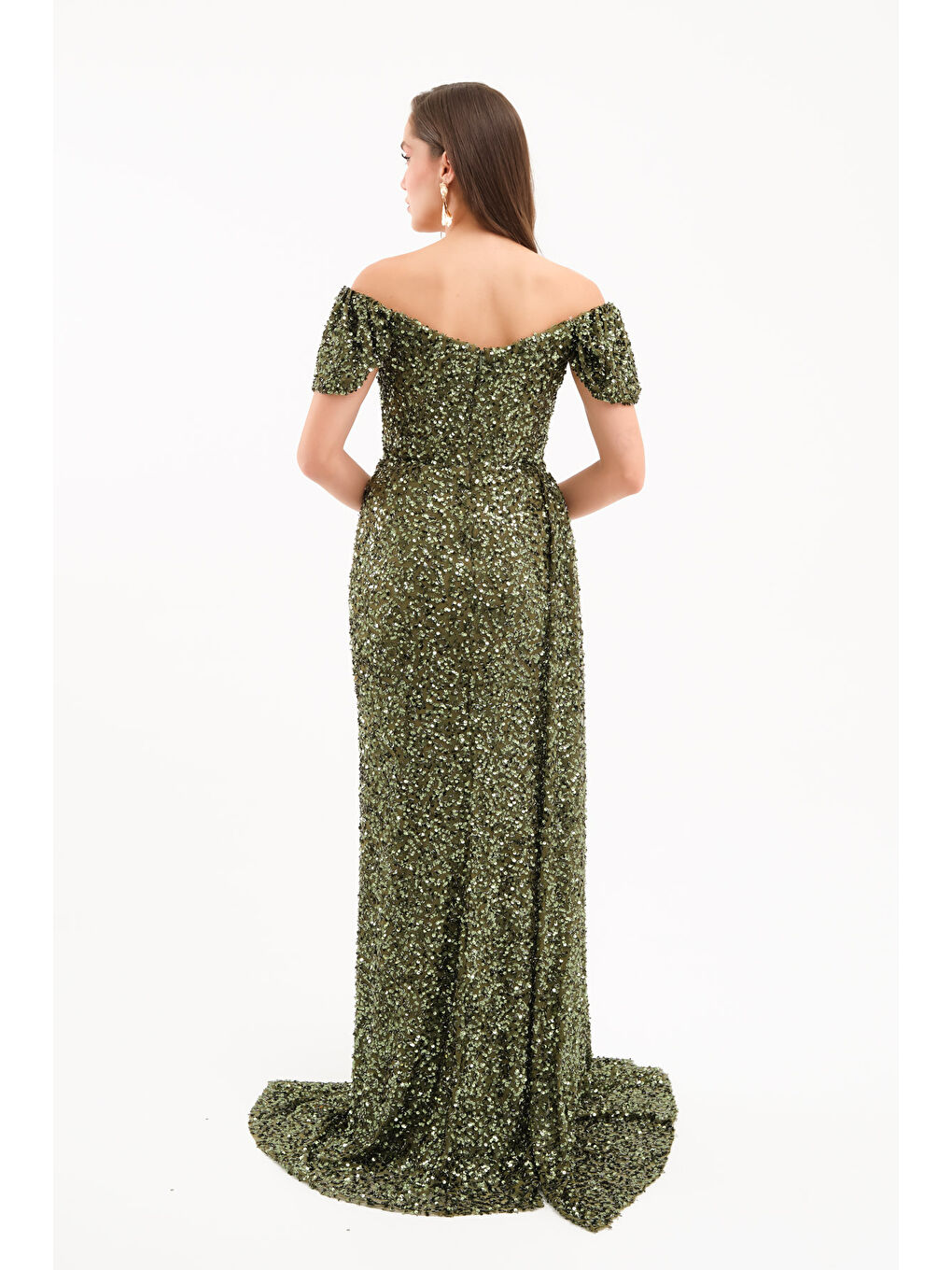 Kadın Haki Pul Payet İşlemeli Uzun Abiye Elbise-4