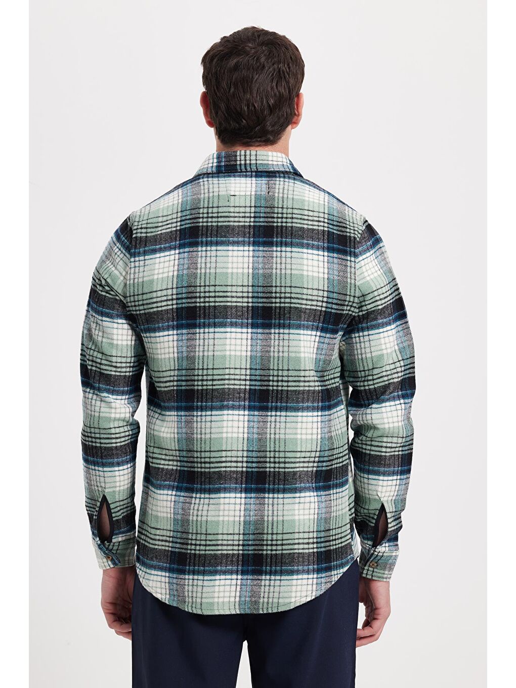 Yeşil Erkek Slim Fit Dar Kesim Kareli Kışlık Oduncu Gömlek-5
