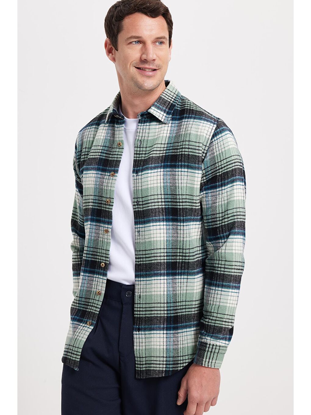 Yeşil Erkek Slim Fit Dar Kesim Kareli Kışlık Oduncu Gömlek-6