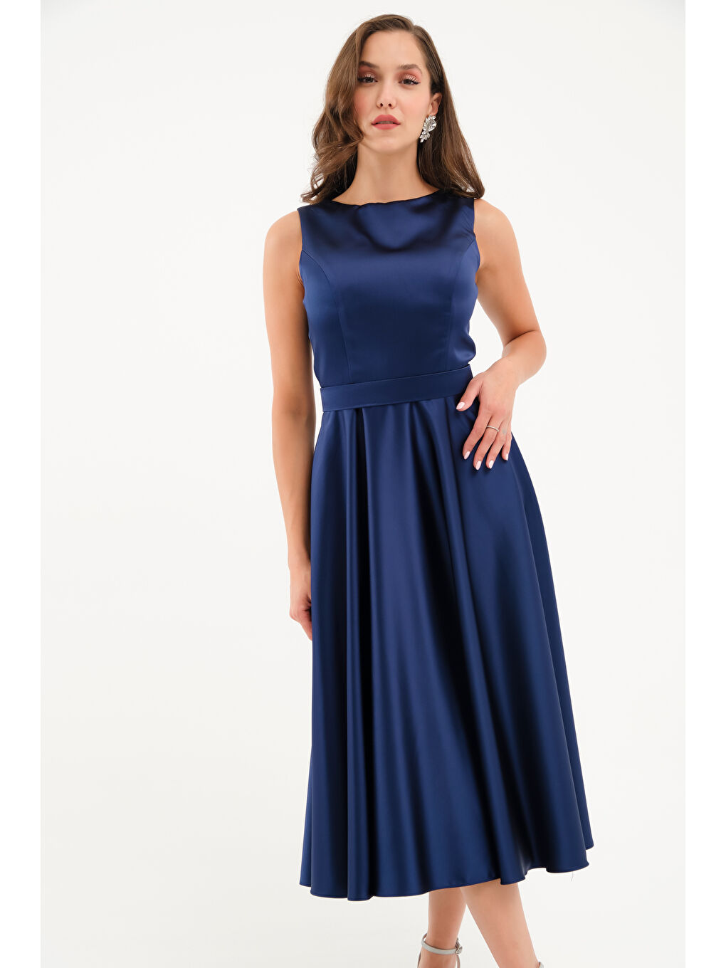 Kadın Lacivert Kalın Askılı Kemerli Midi Abiye Elbise-1