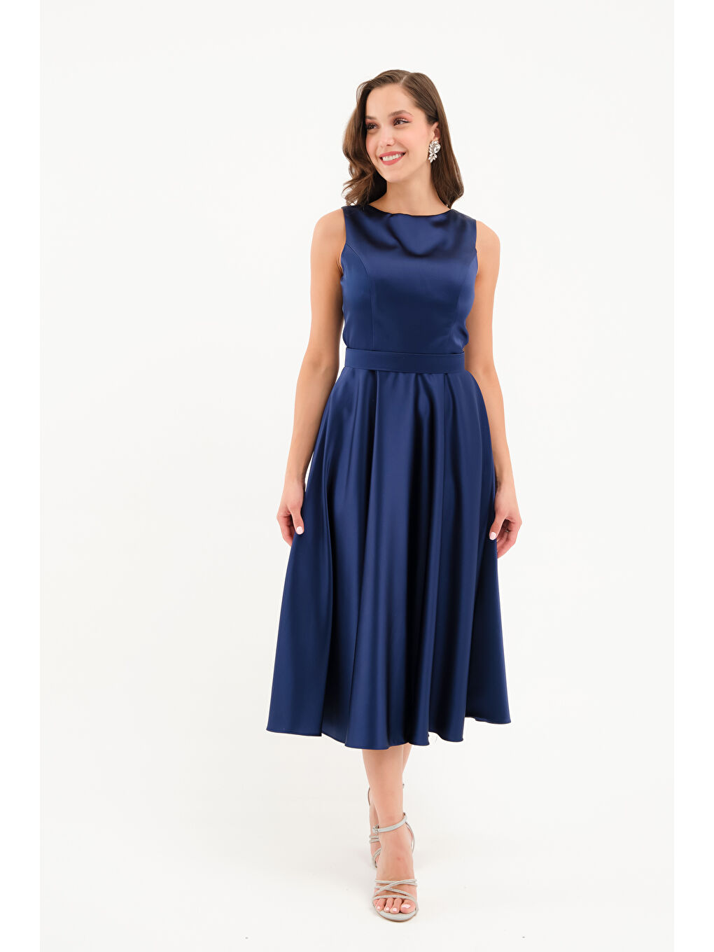 Kadın Lacivert Kalın Askılı Kemerli Midi Abiye Elbise-2