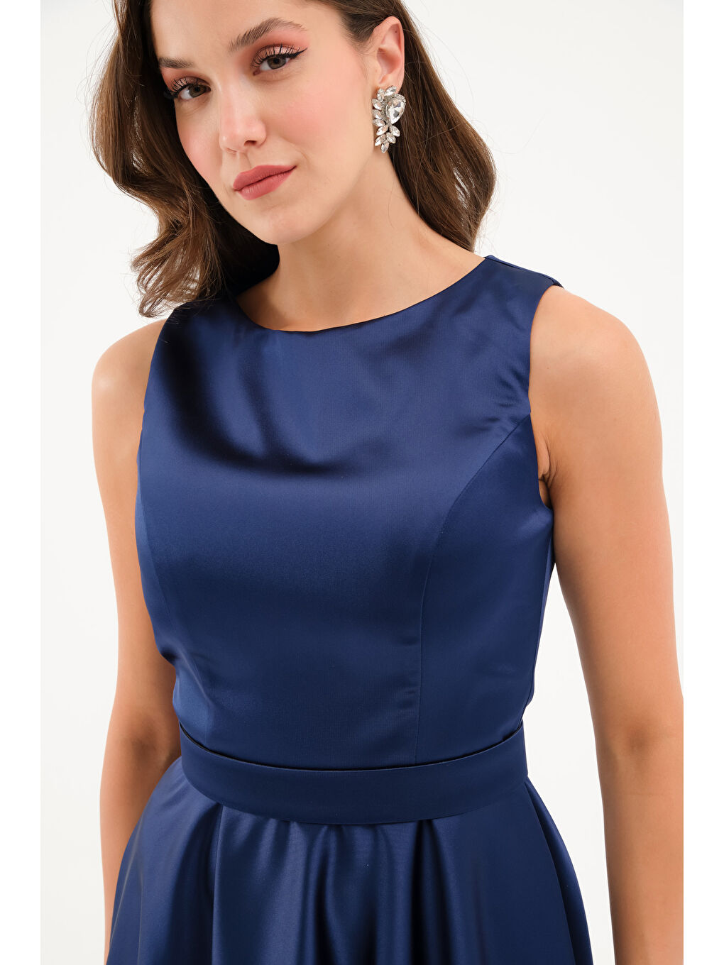 Kadın Lacivert Kalın Askılı Kemerli Midi Abiye Elbise-3