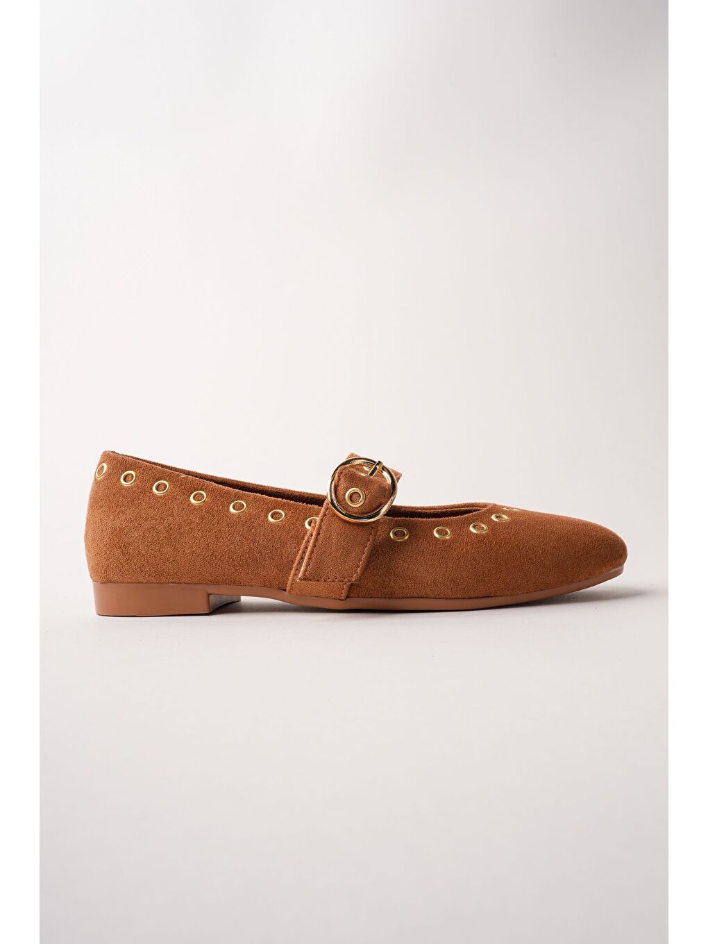 Kahverengi ZENA Gold Tokalı Zımbalı Deri Kadın Babet Ayakkabı-2