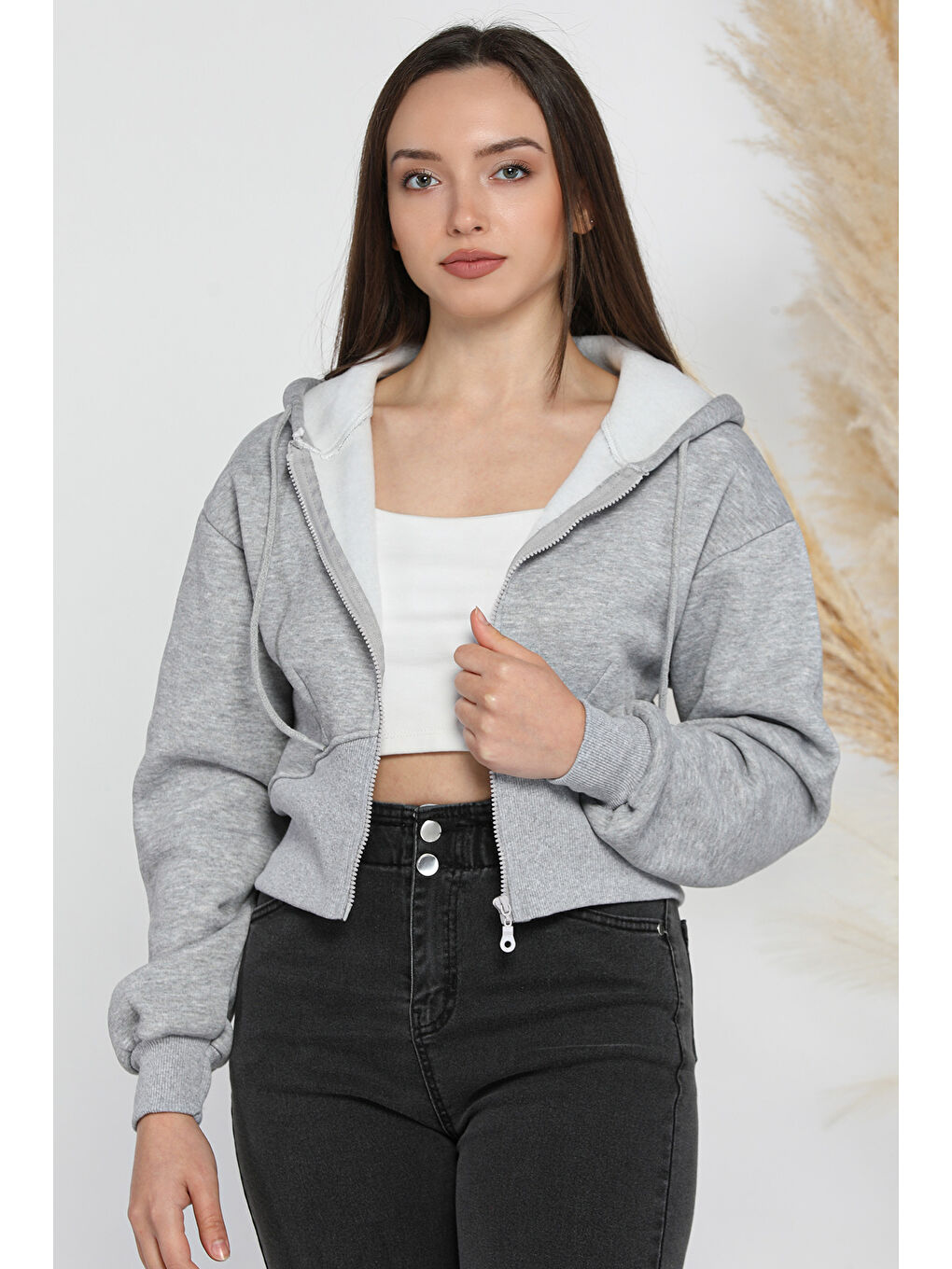 Gri Kadın Fermuarlı Crop Top Sweatshirt