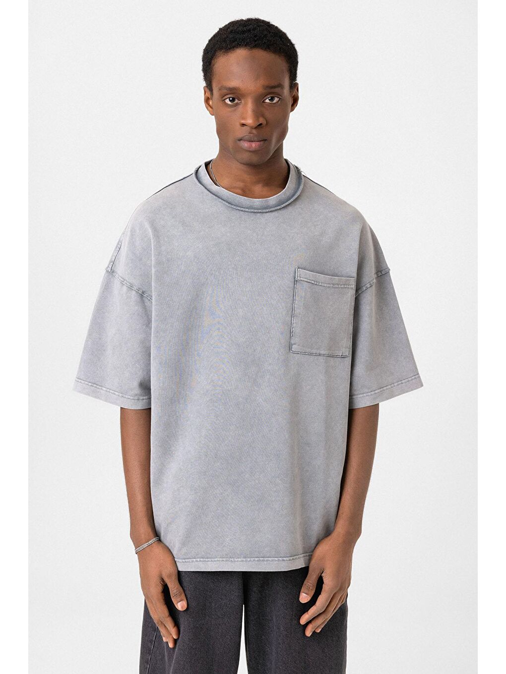 Yıkamalı Oversize Cepli Tişört Gri-2