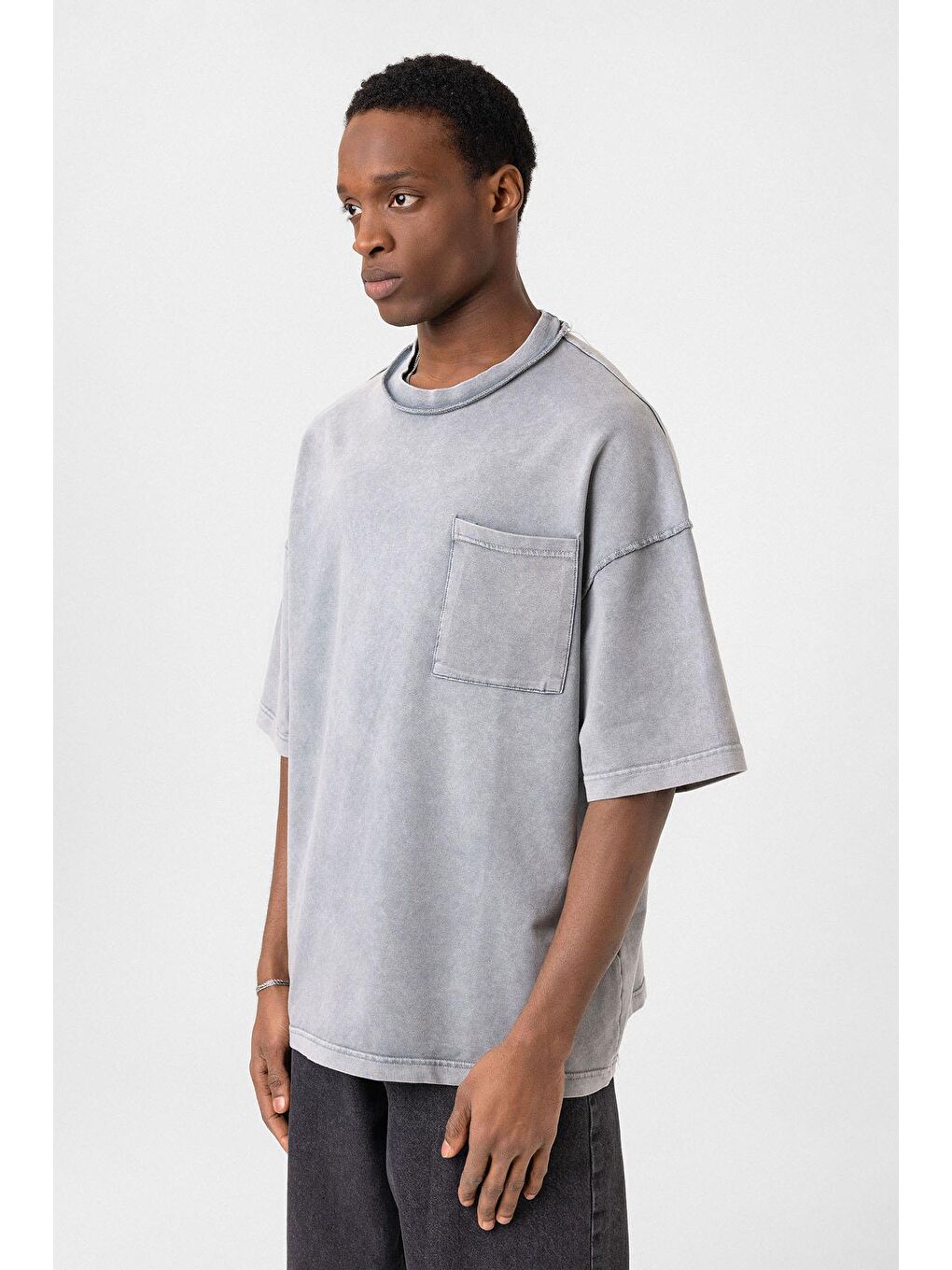 Yıkamalı Oversize Cepli Tişört Gri-3