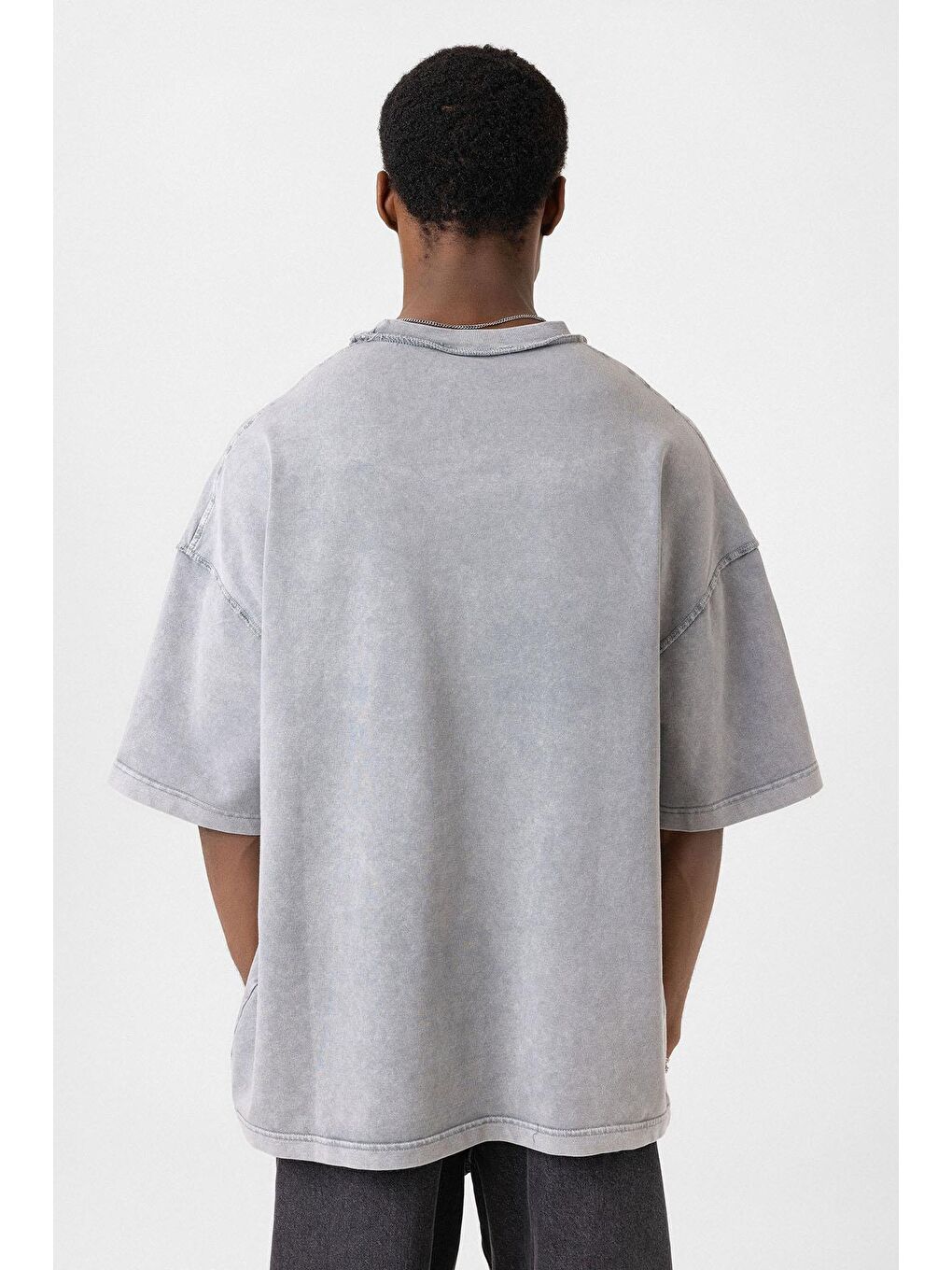 Yıkamalı Oversize Cepli Tişört Gri-4