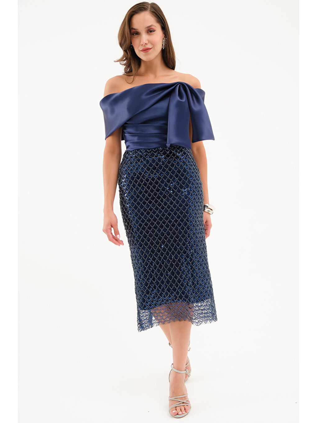 Kadın Lacivert Kayık Yaka Pul İşlemeli Söz Nişan Nikah Abiye Elbise-2