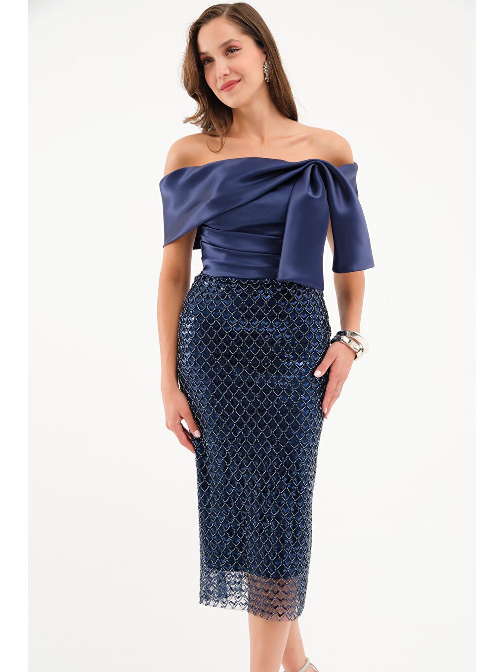 Kadın Lacivert Kayık Yaka Pul İşlemeli Söz Nişan Nikah Abiye Elbise-3