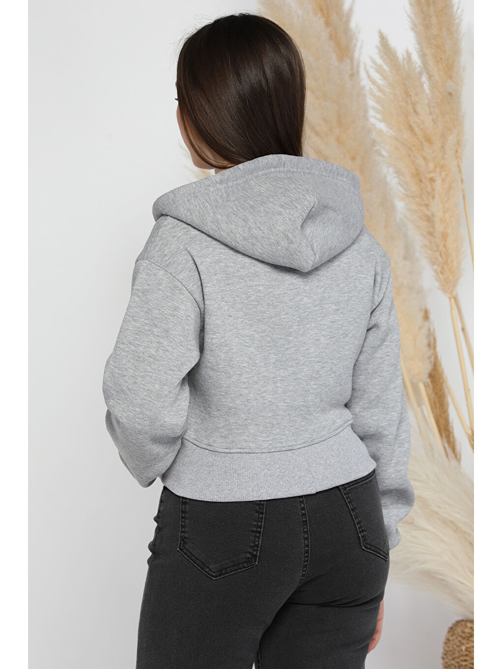 Gri Kadın Fermuarlı Crop Top Sweatshirt-3