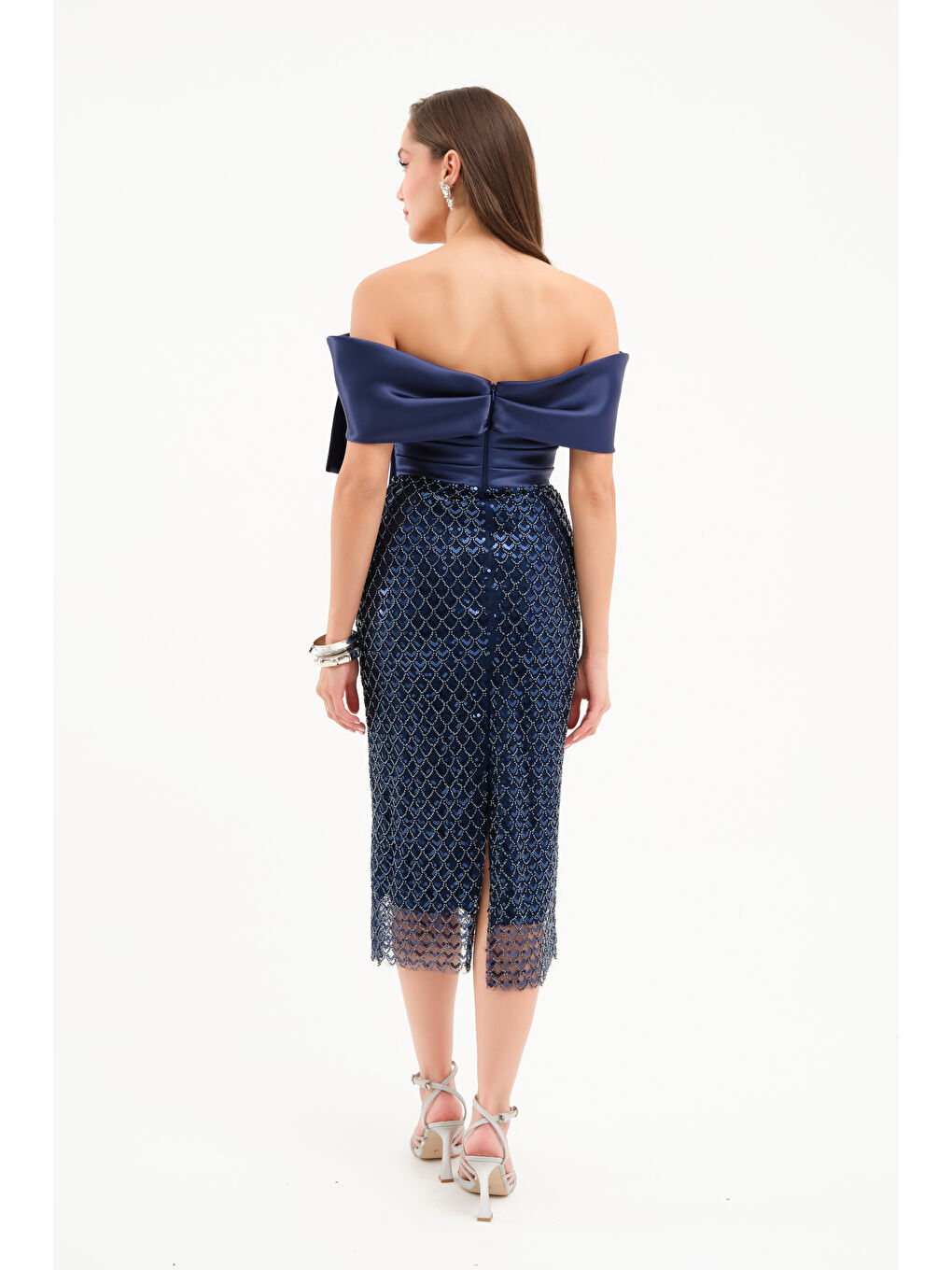 Kadın Lacivert Kayık Yaka Pul İşlemeli Söz Nişan Nikah Abiye Elbise-4