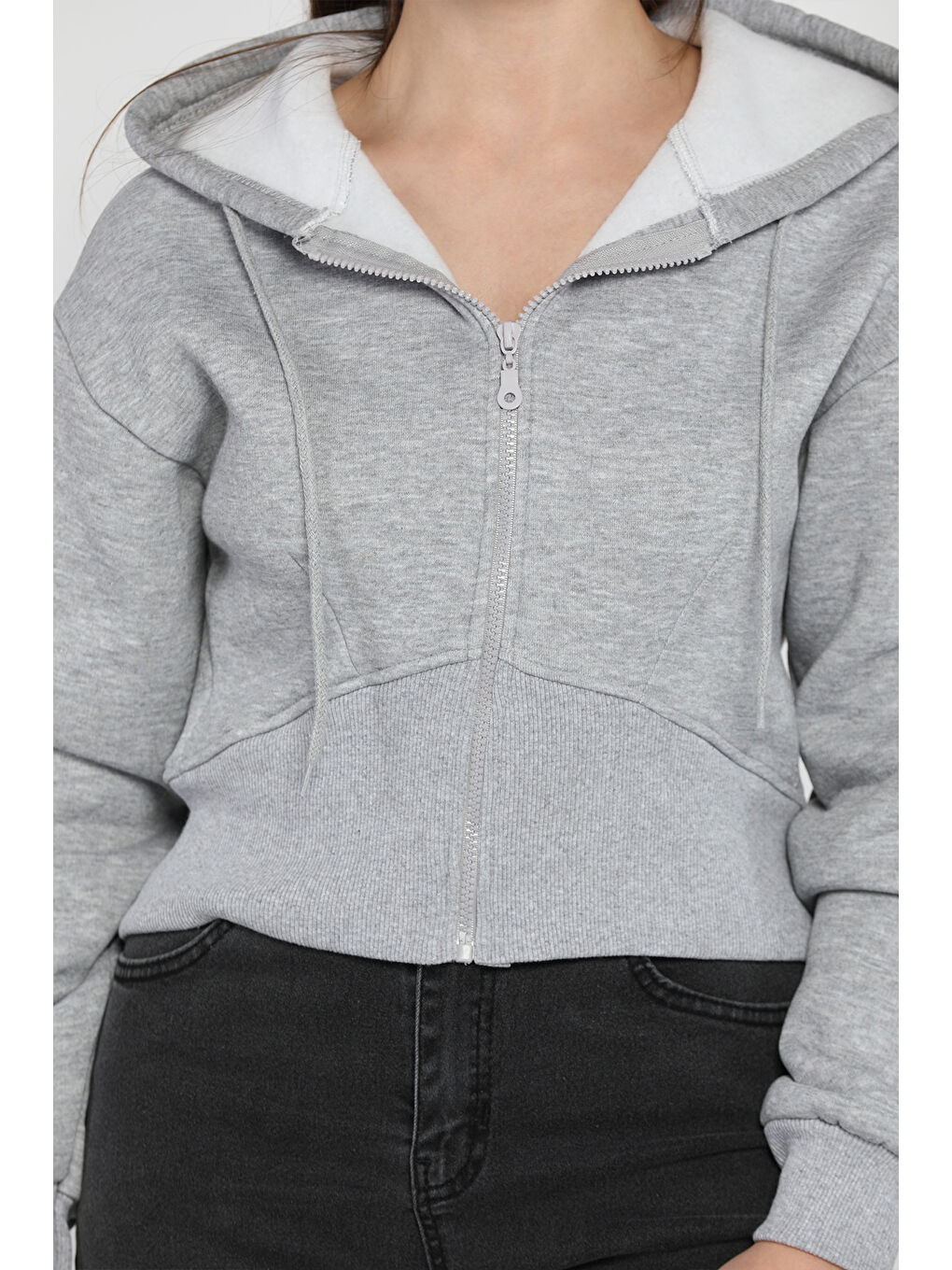 Gri Kadın Fermuarlı Crop Top Sweatshirt-4
