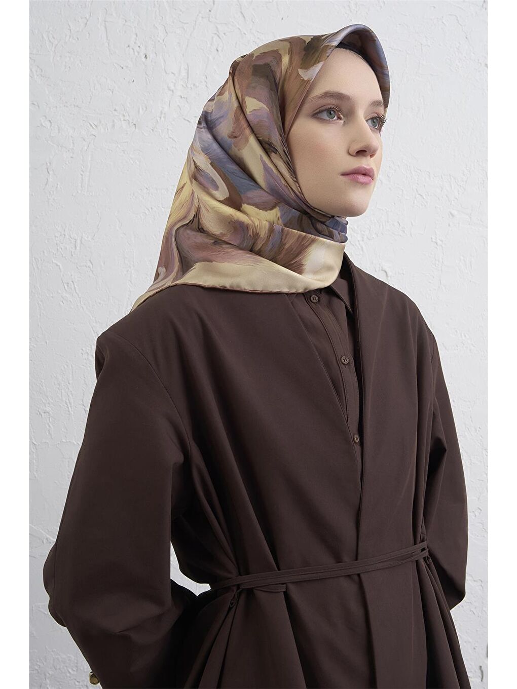 Kahverengi Soyut Desenli Saf İpek Twill Eşarp 9423D 57