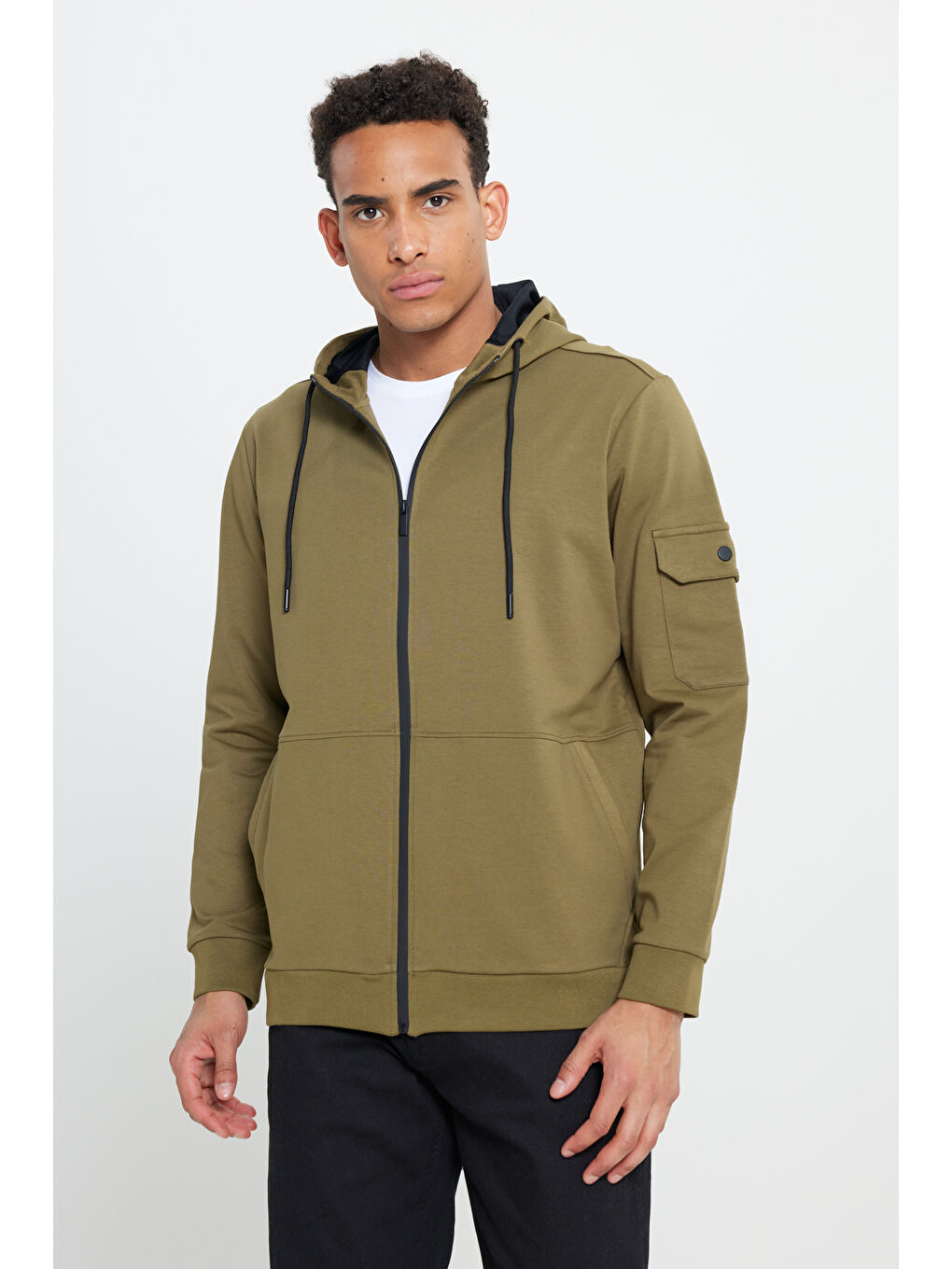 Haki Standart Fit Normal Kesim Kapüşonlu Erkek Fermuarlı Sweatshirt Hırka