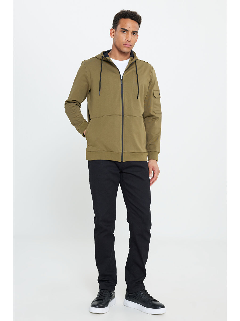 Haki Standart Fit Normal Kesim Kapüşonlu Erkek Fermuarlı Sweatshirt Hırka-1