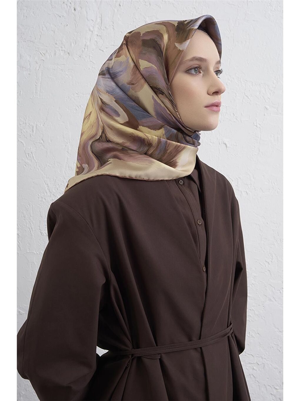 Kahverengi Soyut Desenli Saf İpek Twill Eşarp 9423D 57-1