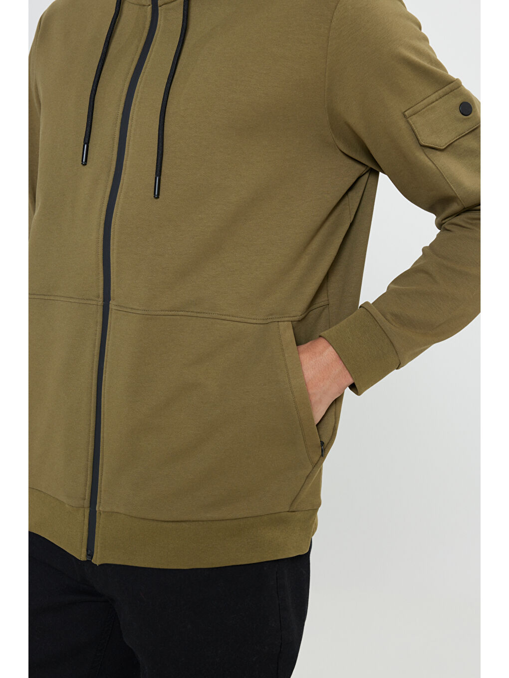 Haki Standart Fit Normal Kesim Kapüşonlu Erkek Fermuarlı Sweatshirt Hırka-4