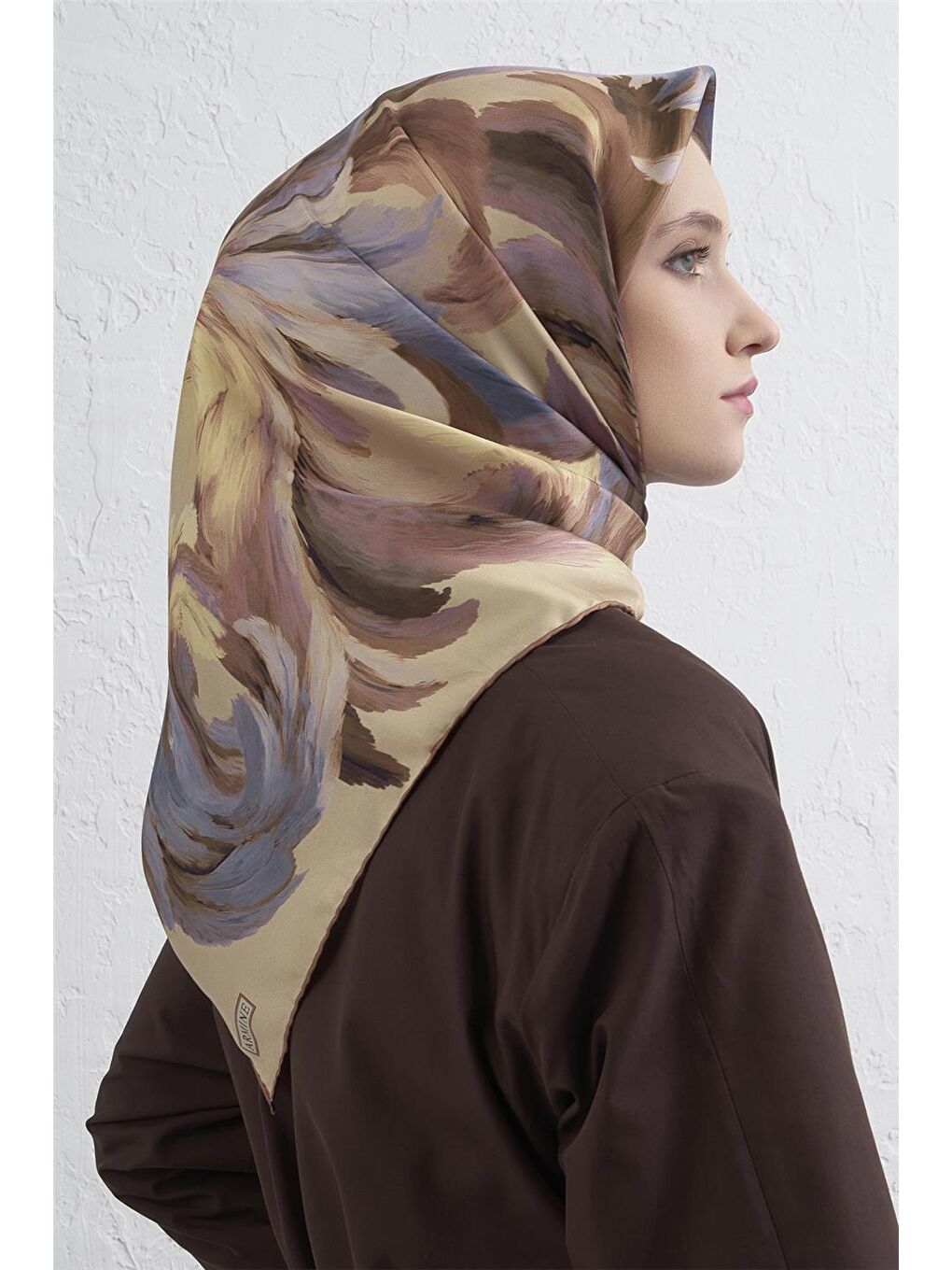 Kahverengi Soyut Desenli Saf İpek Twill Eşarp 9423D 57-2