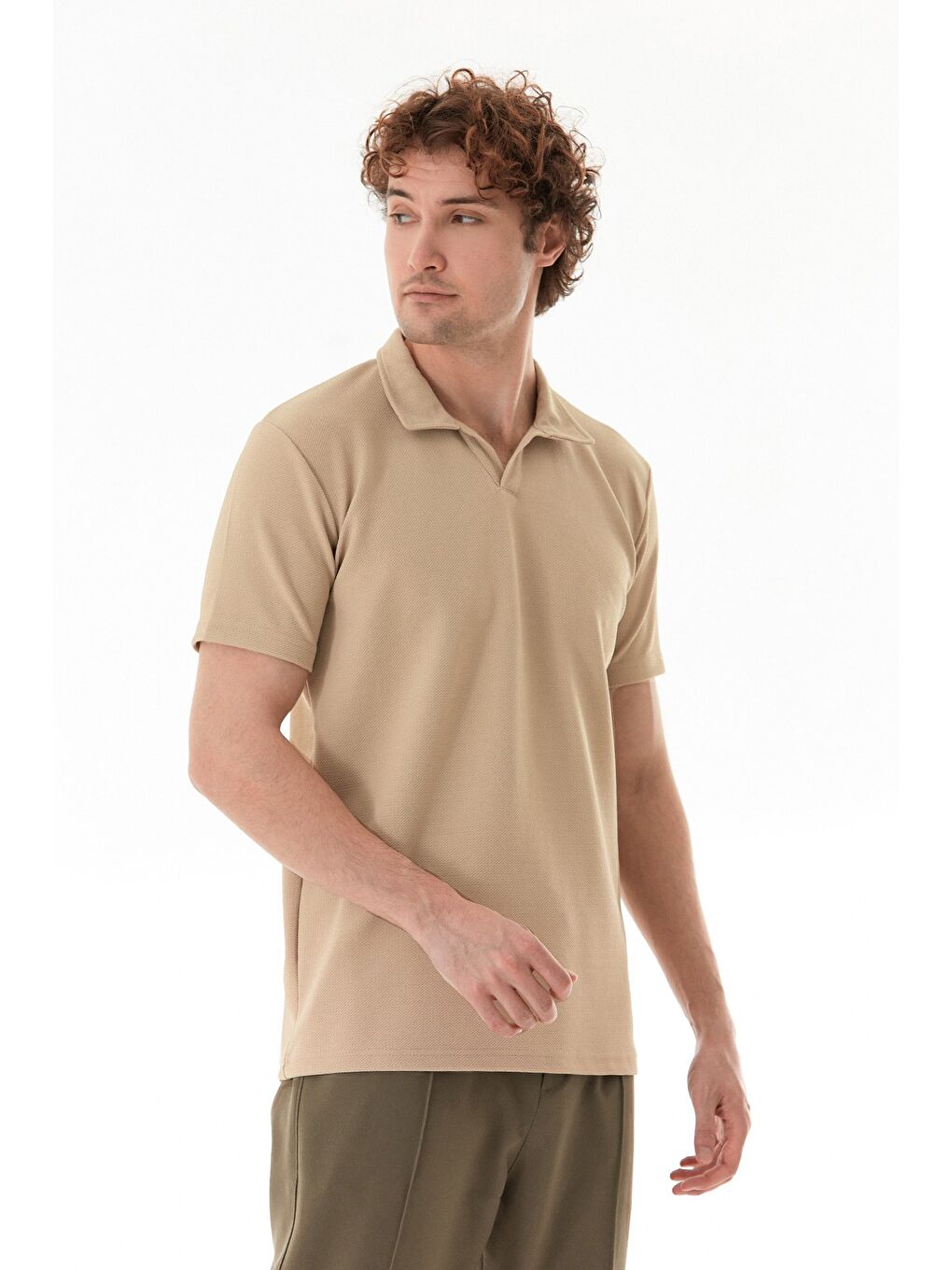 Bej Waffle Kumaş Polo Yaka Tişört-1