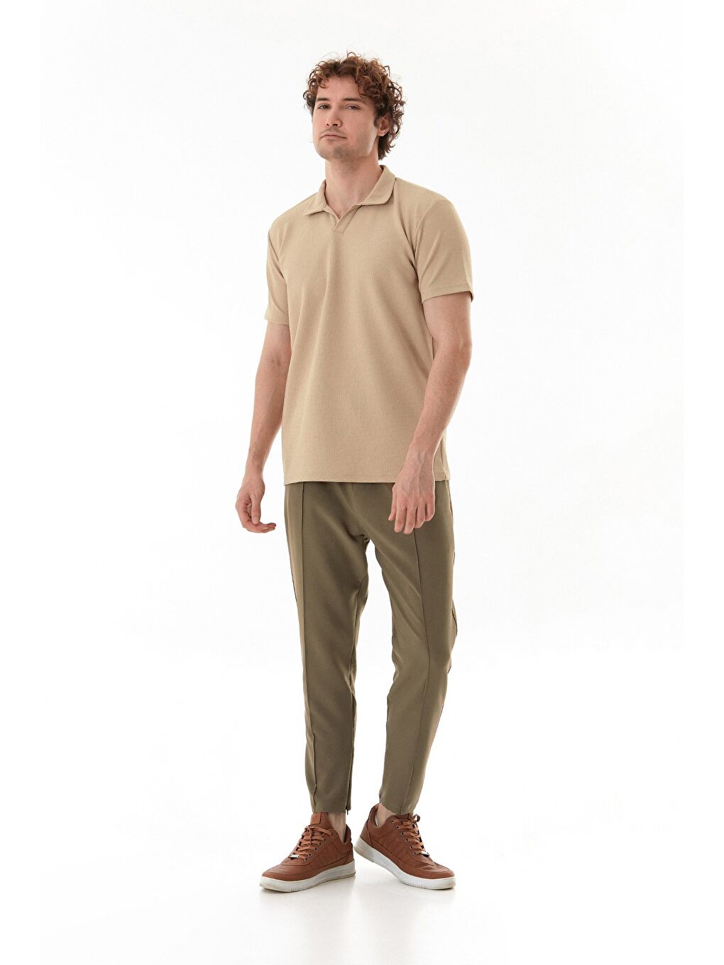 Bej Waffle Kumaş Polo Yaka Tişört-2