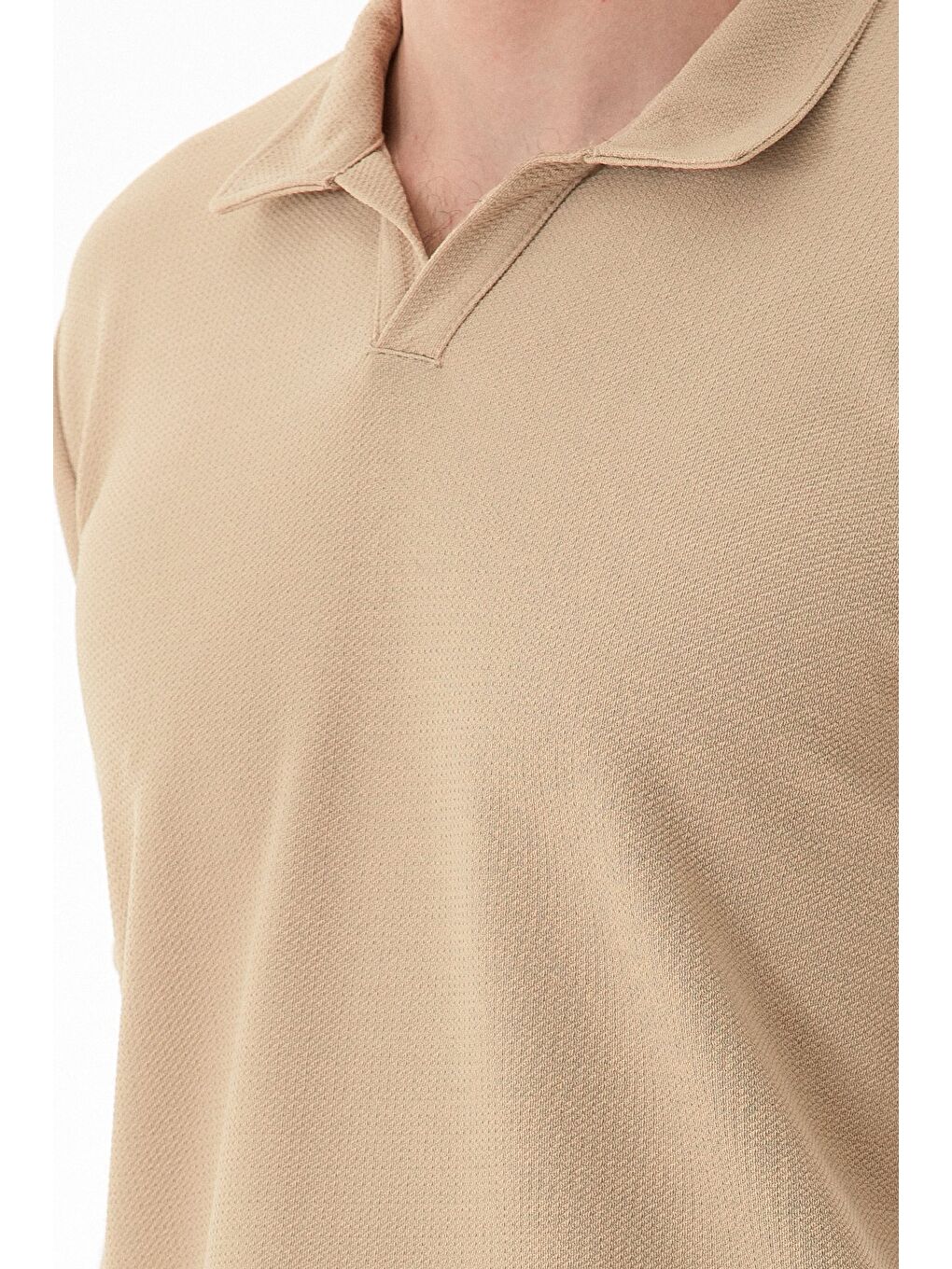 Bej Waffle Kumaş Polo Yaka Tişört-4