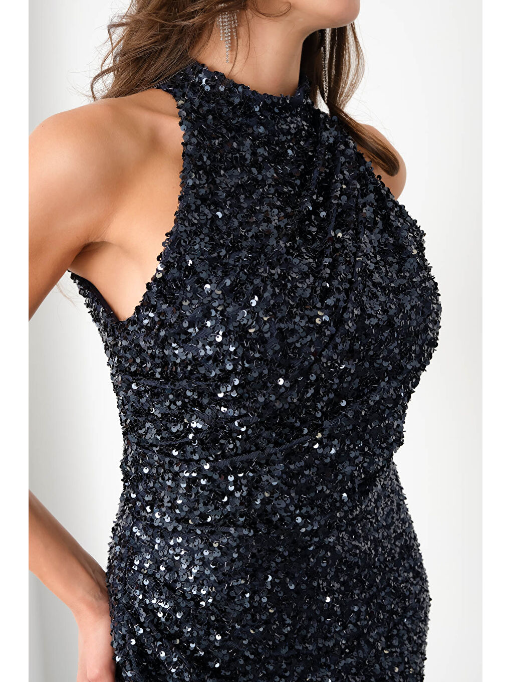 Kadın Lacivert Pul İşlemeli Balık Abiye Elbise-3