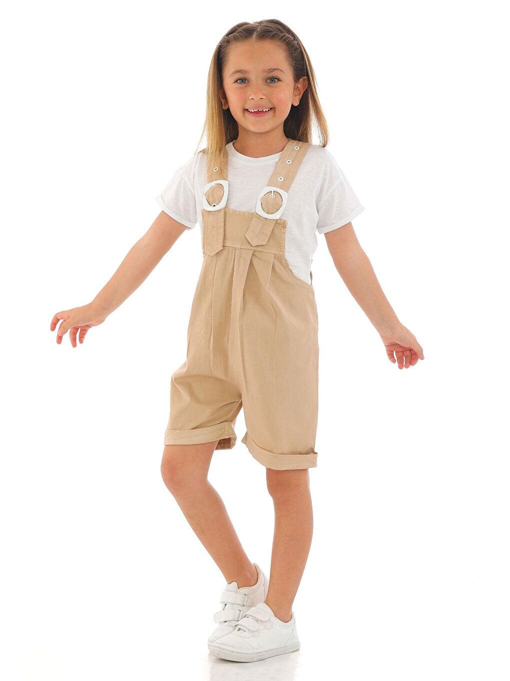 Bisiklet Yaka Kısa Kol Kemer Detaylı Bej Ekru Renk Kız Çocuk Şortlu Salopet