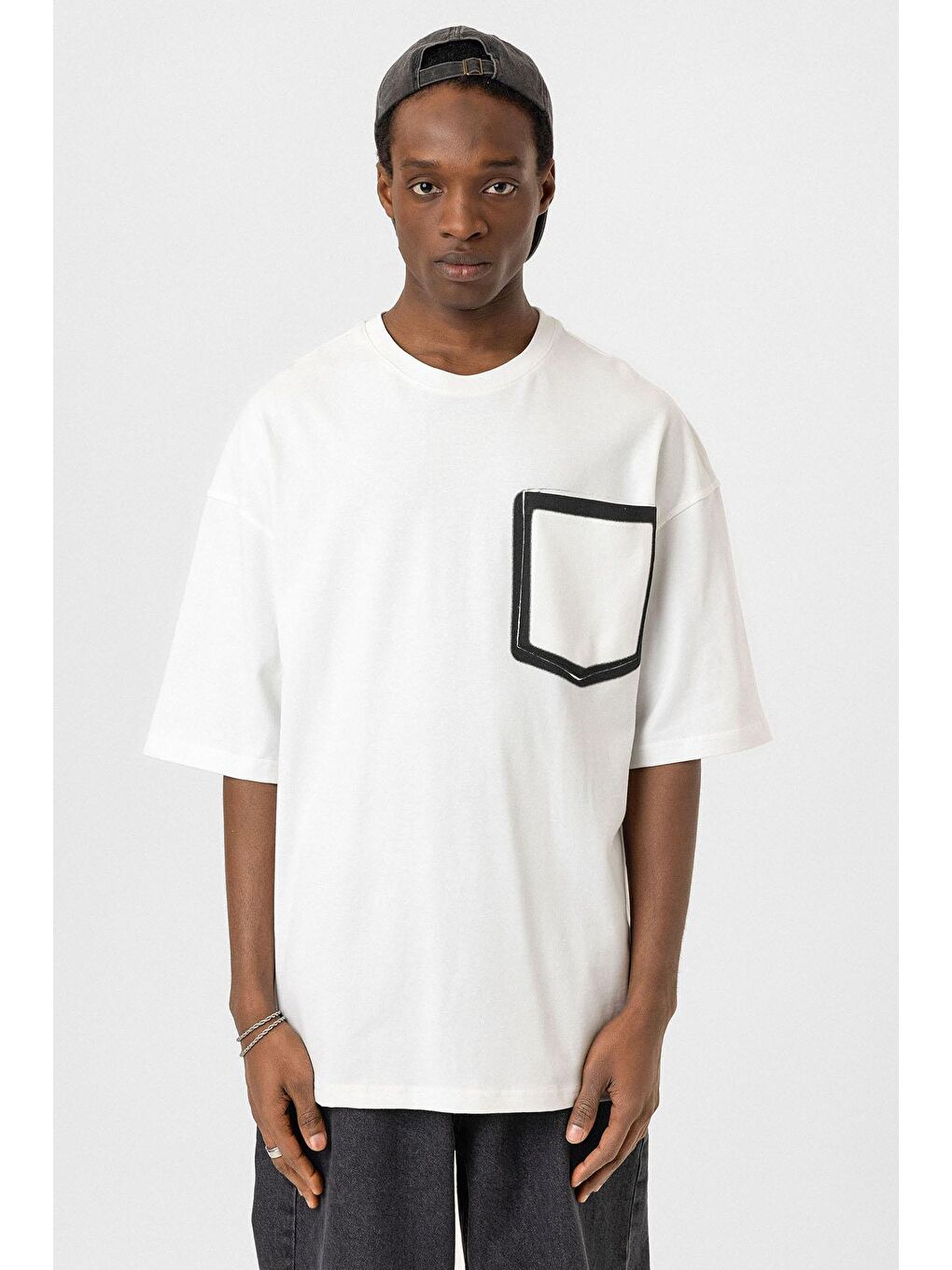 Bisiklet Yaka Cepli Oversize Tişört Ekru-2