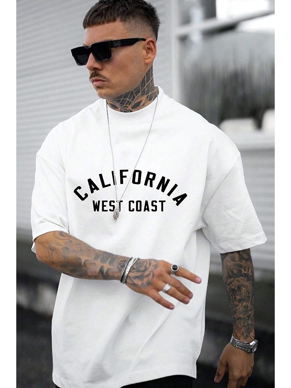 uyguntarz Beyaz West Coast Baskılı Oversize Tshirt