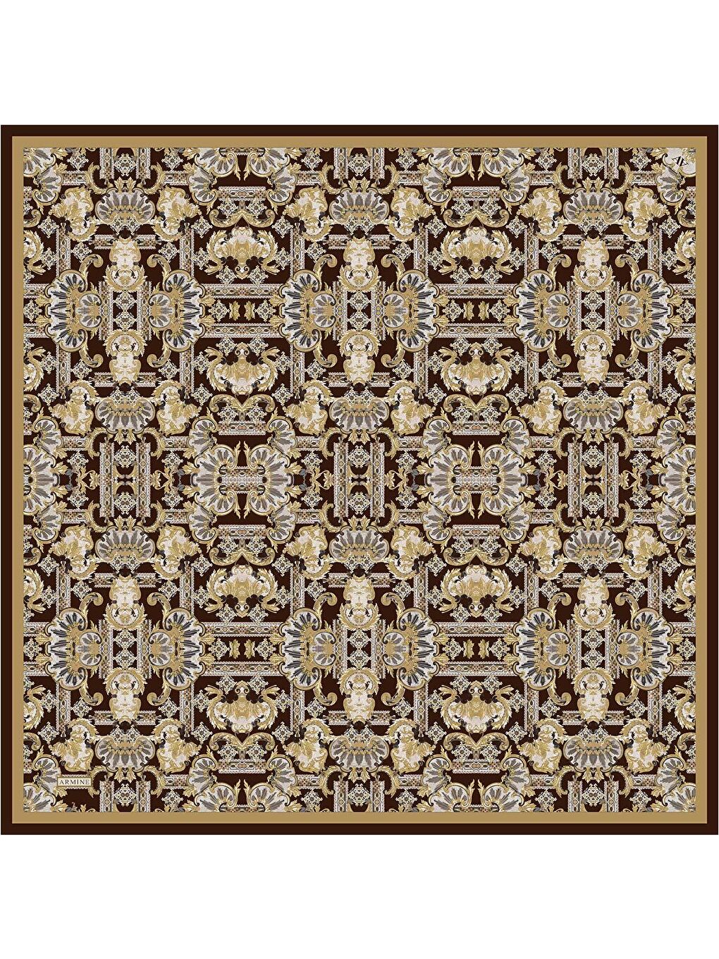 Kahverengi Etnik Desen Saf İpek Twill Eşarp 9416D 32-3